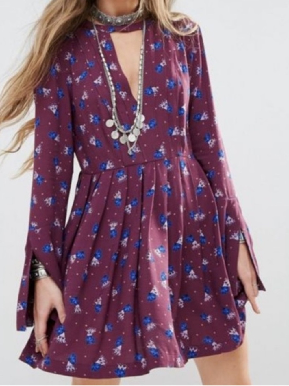 Free People Tegan Mini Dress Bell Sleeve Purple Blue Floral Boho Babydoll Size 8